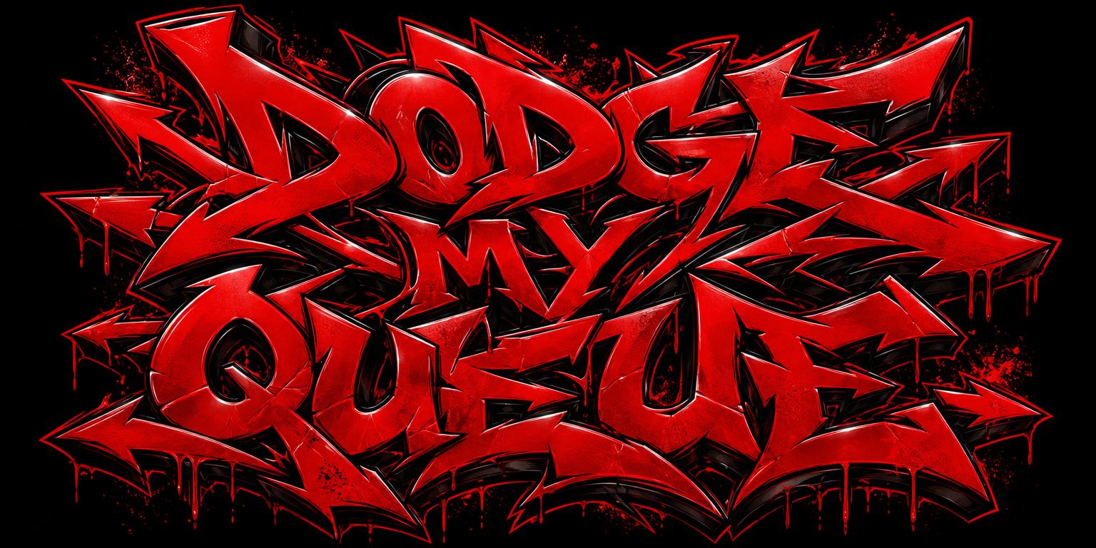 Red wildstyle graffiti reading Dodge My Queue